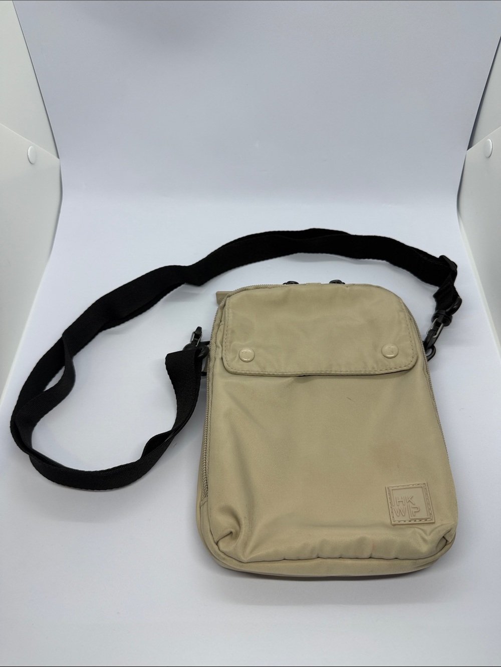 Beige Crossbody Messenger Bag with Black Adjustable Strap